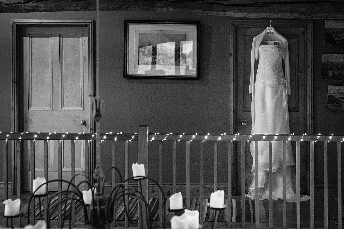 wedding dress hanging inside chaucer barn