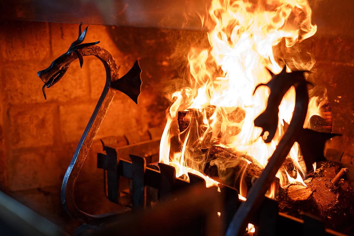 a dragon fireplace at chaucer barn