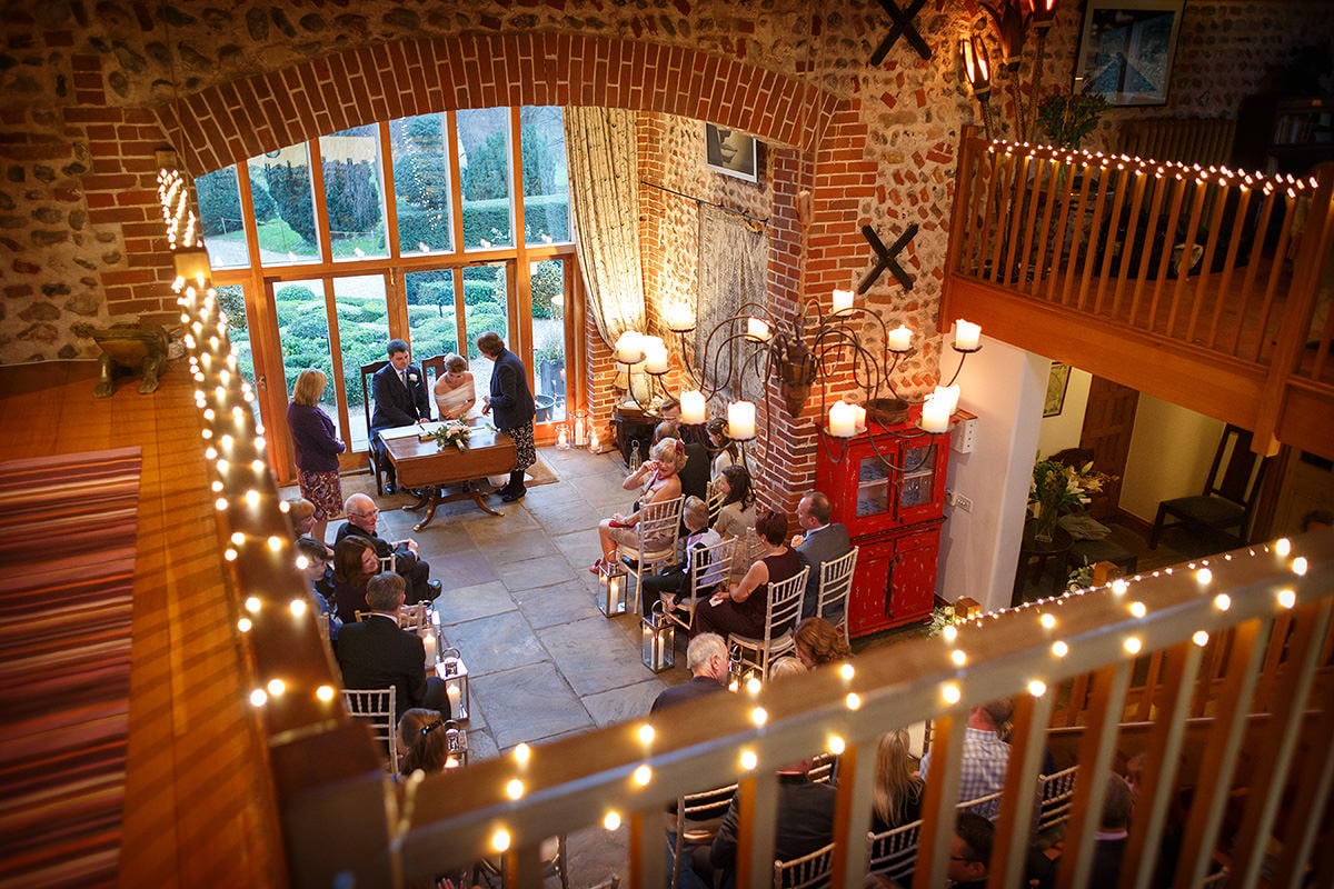 a wide view of a chaucer barn wedding ceremony