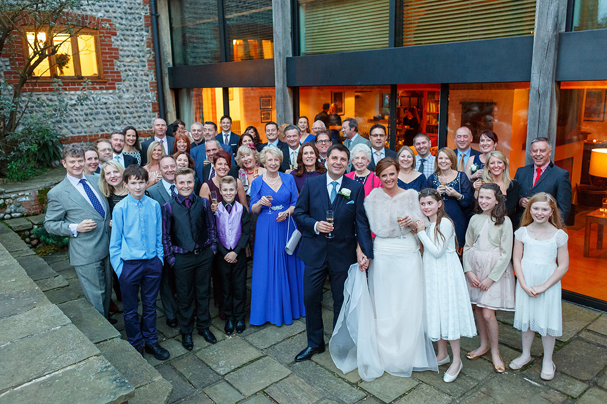 a group shot of the whole wedding at chaucer barn