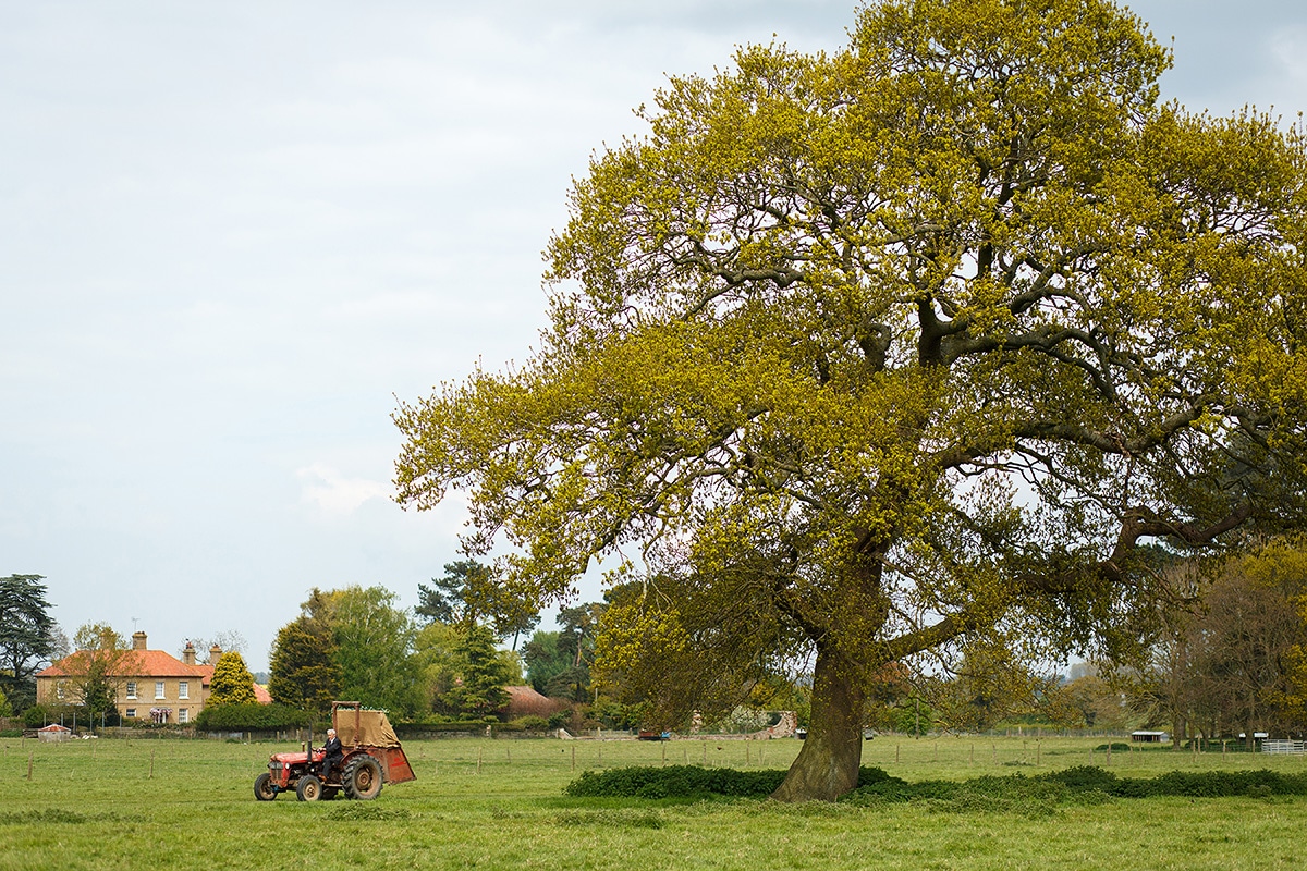 the godwick tractor travels through the field to the ruins