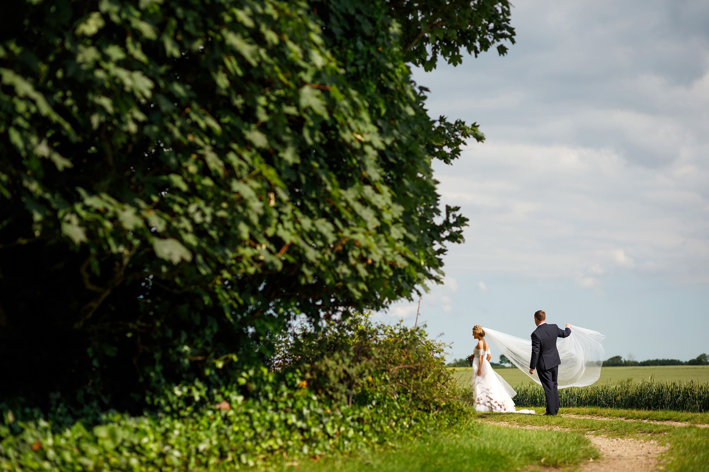 bride and groom pose for photos in a field