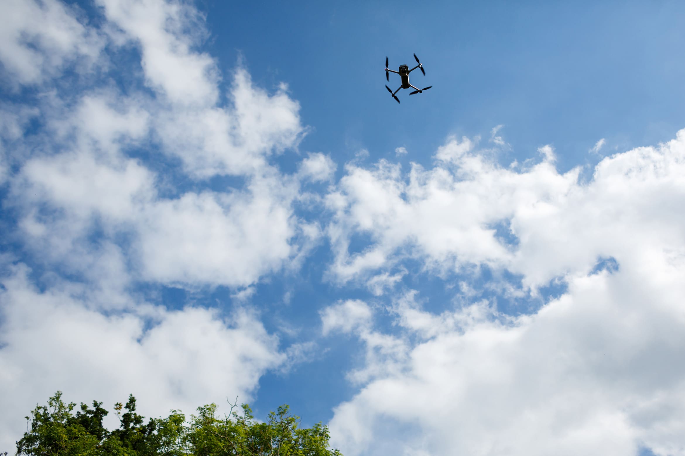 a drone taking photos of the wedding guests