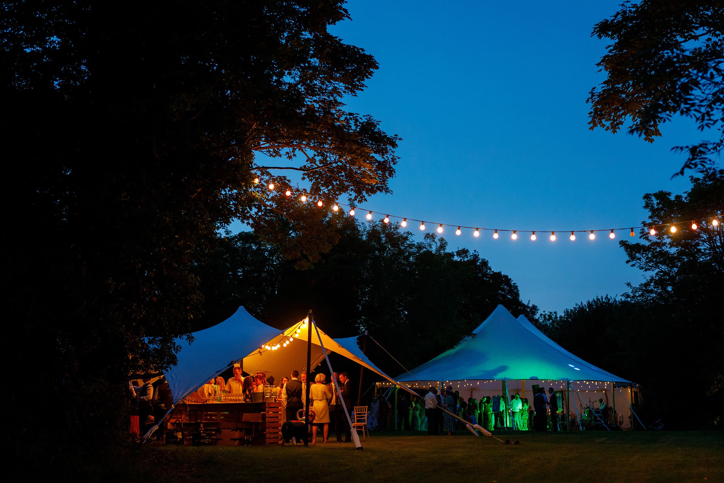 the wedding marquee as night falls