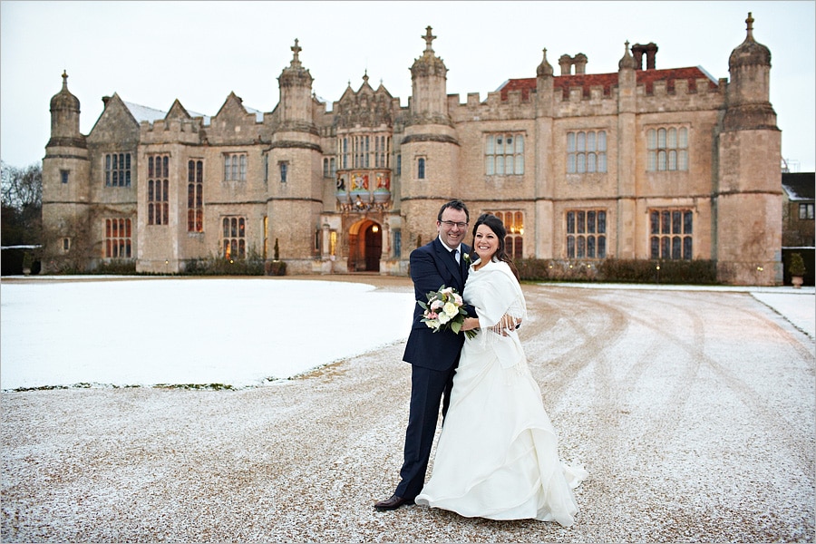 Wedding couple outside Hengrave Hall