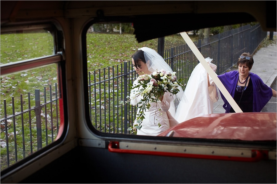 bride getting on the bus