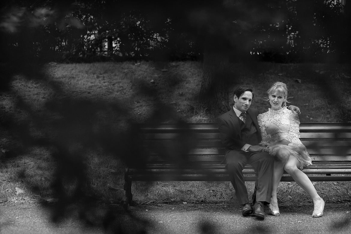 black and white wedding couple in green park london