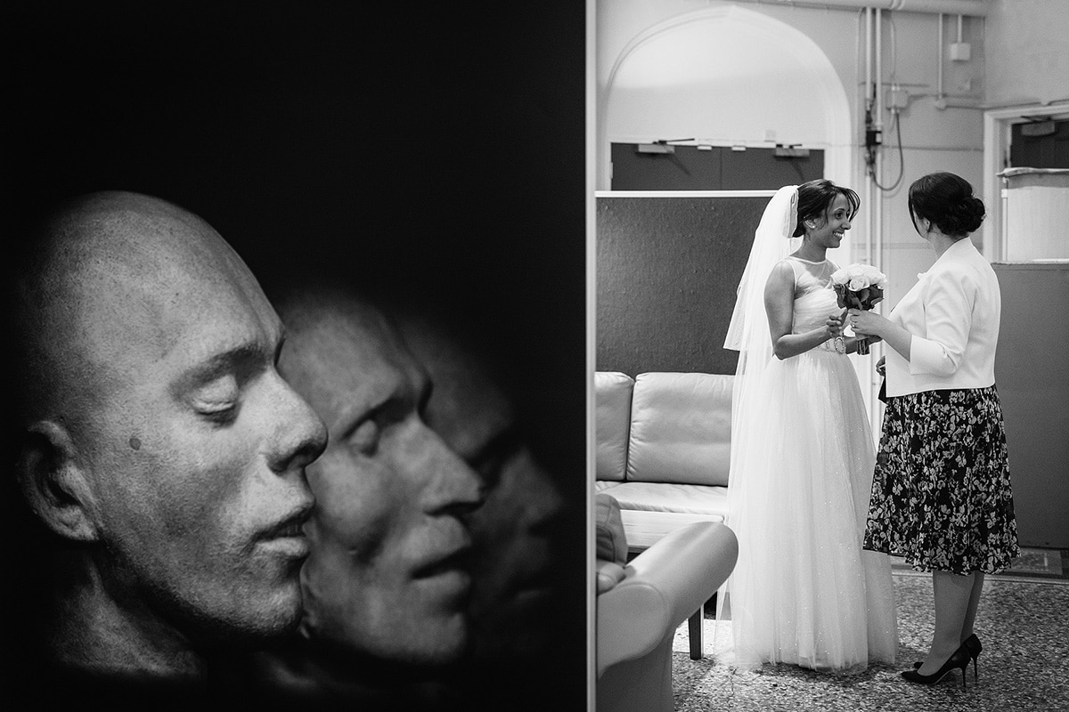 the bride waiting outside the ceremony room at norwich castle