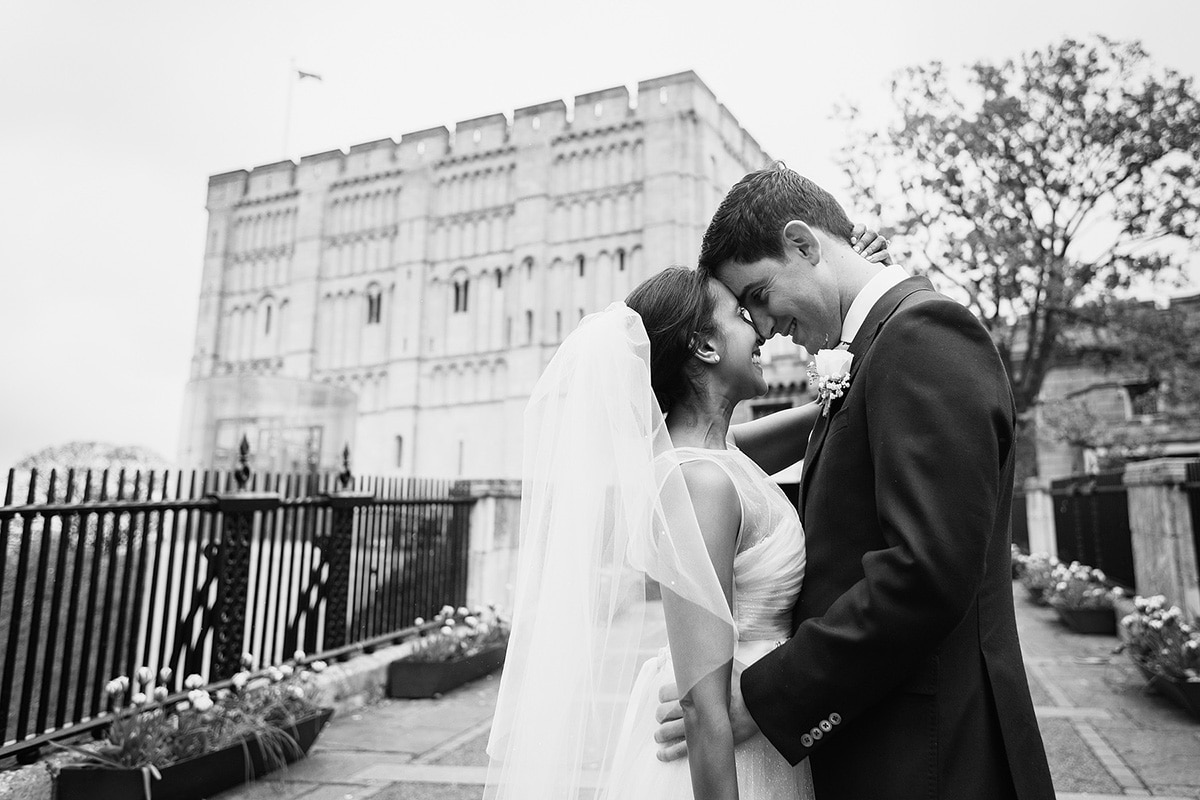 black and white wedding portrait at norwich castle