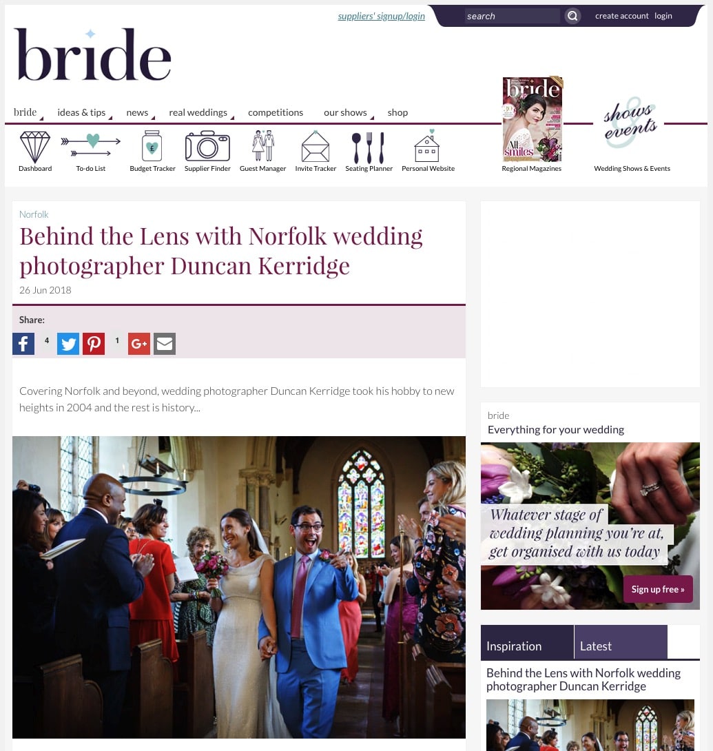 bride magazine interview with norfolk wedding photographer Duncan Kerridge