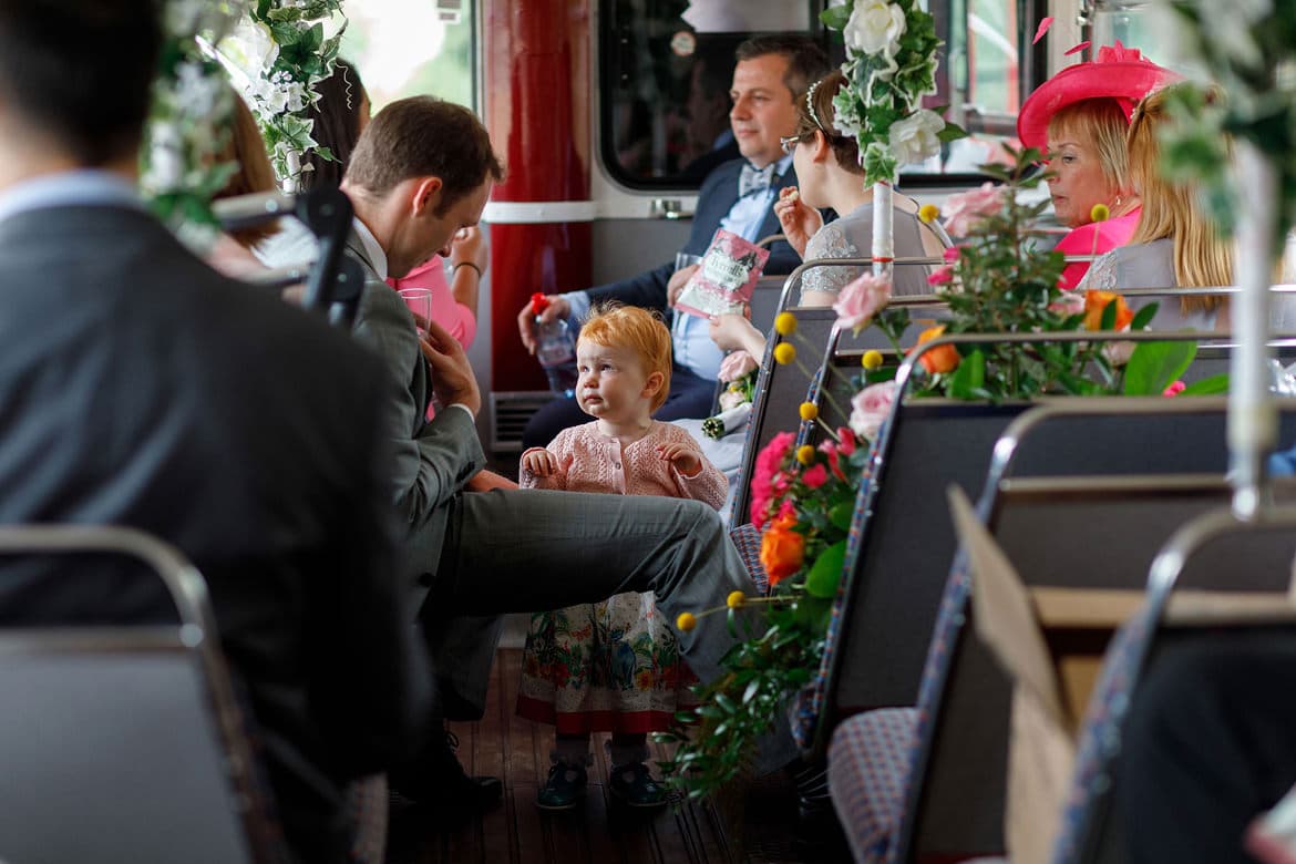 wedding guests on a routemaster bus