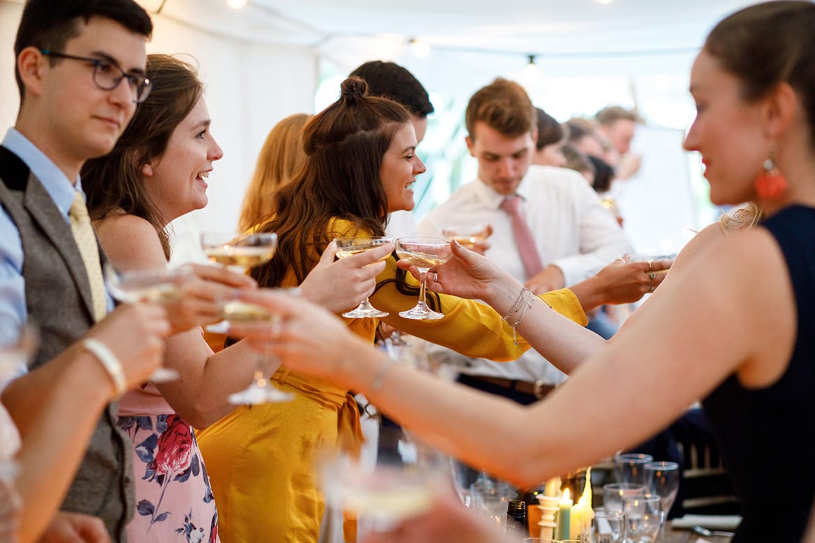 wedding guests raise their glasses