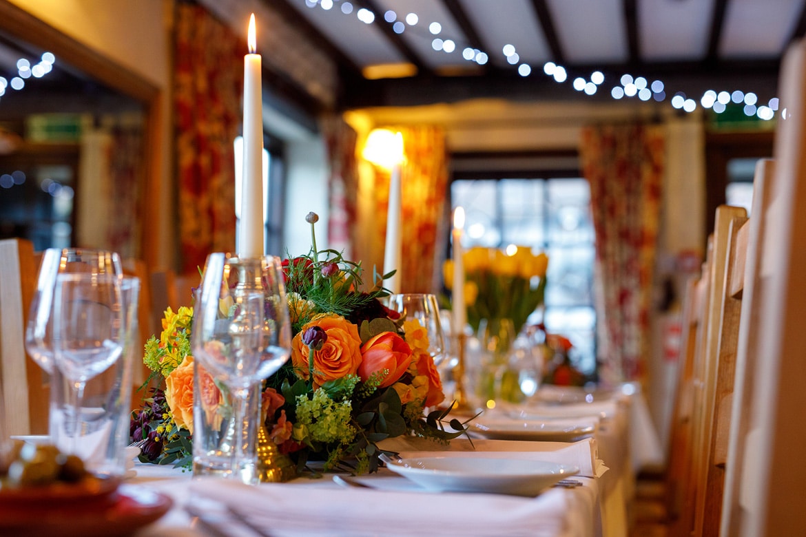 the dining room set up for the evening at cley windmill