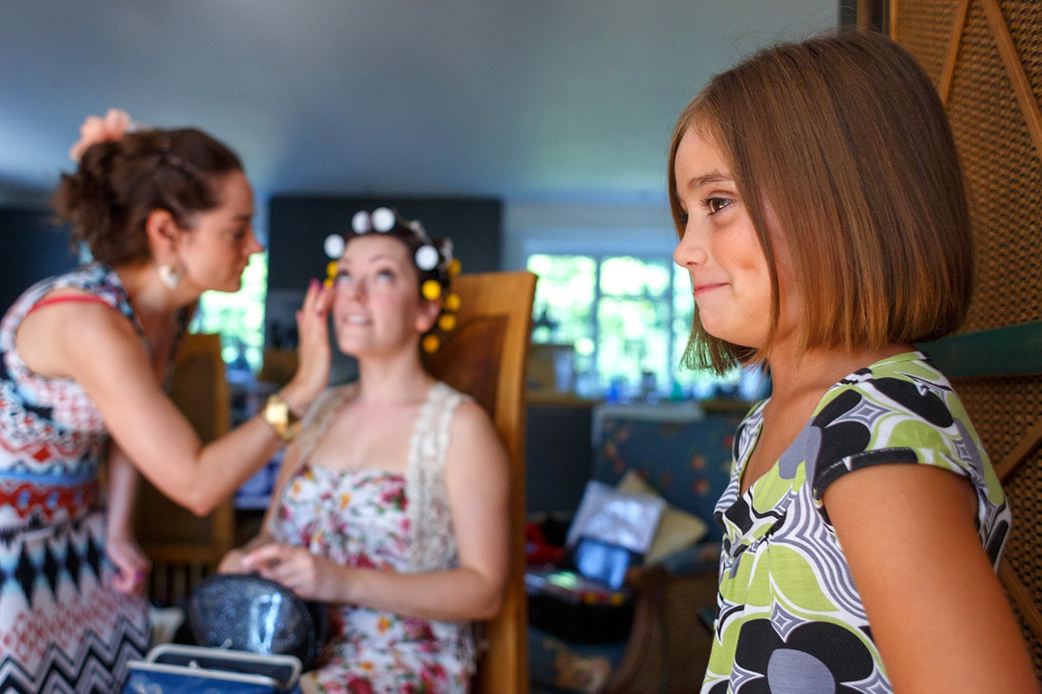 the flowergirl and bride during the preparations