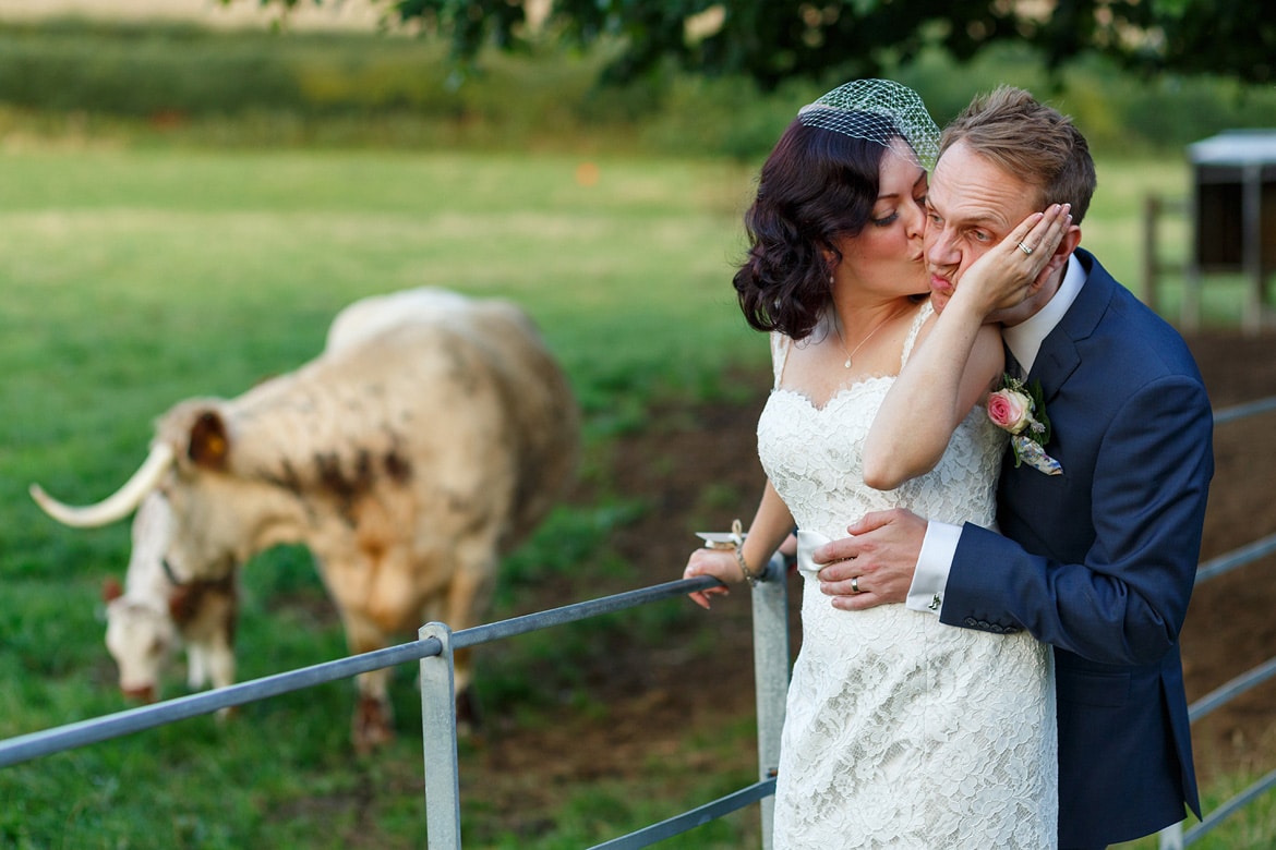 the couple look at some cows