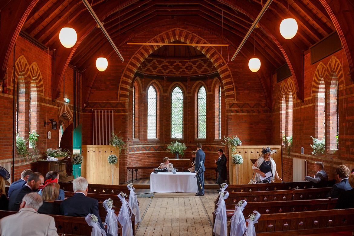 a wide shot of the chapel before the ceremony