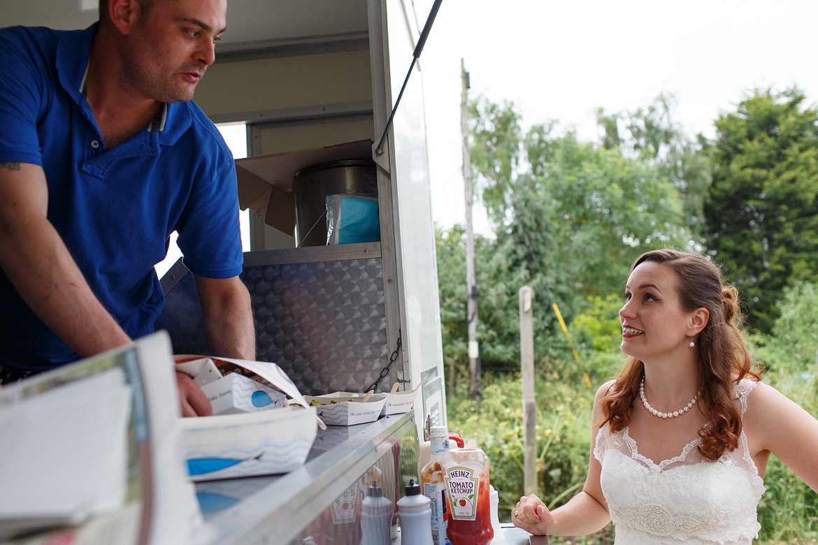 a bride ordeing fish and chips