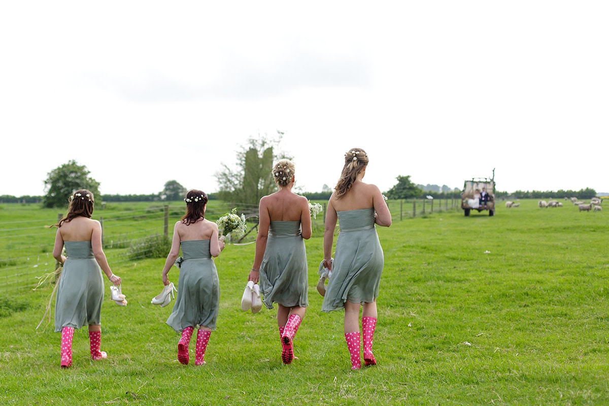 bridesmaids walk to godwick church ruins
