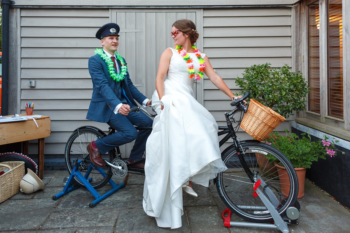 bride and groom on the tandem bike