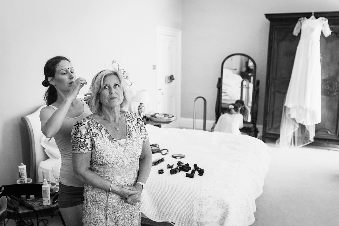 the brides mother has her hair finished