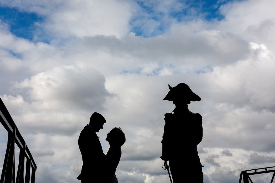 a couple silhouette with nelson outside trafalgar tavern