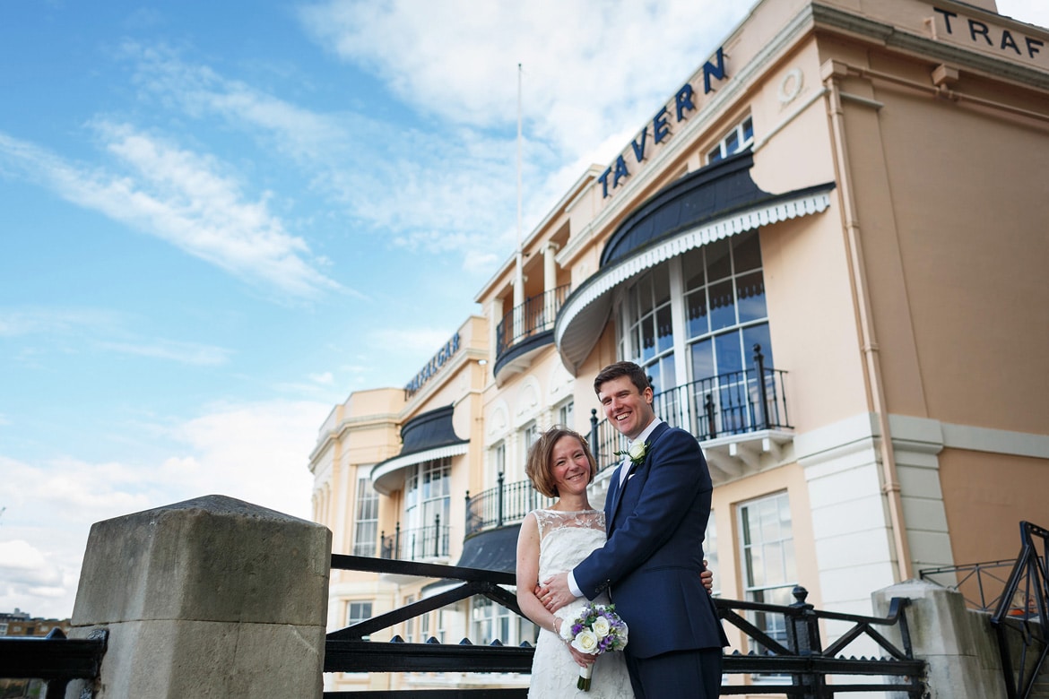 bride and groom outside their trafalgar tavern wedding