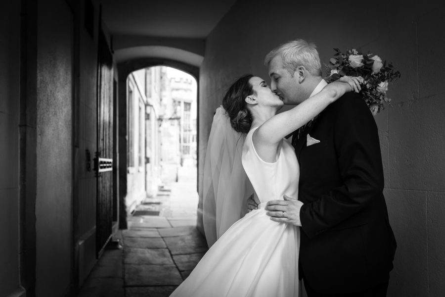 bride and groom at a cambridge college wedding