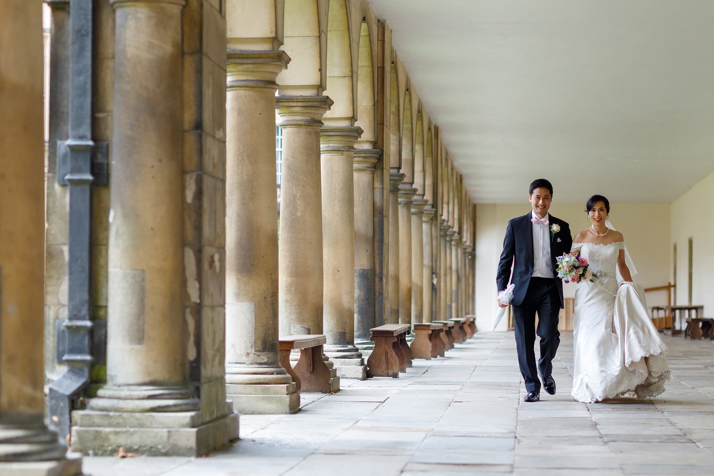 bride and groom in the wren cloisters