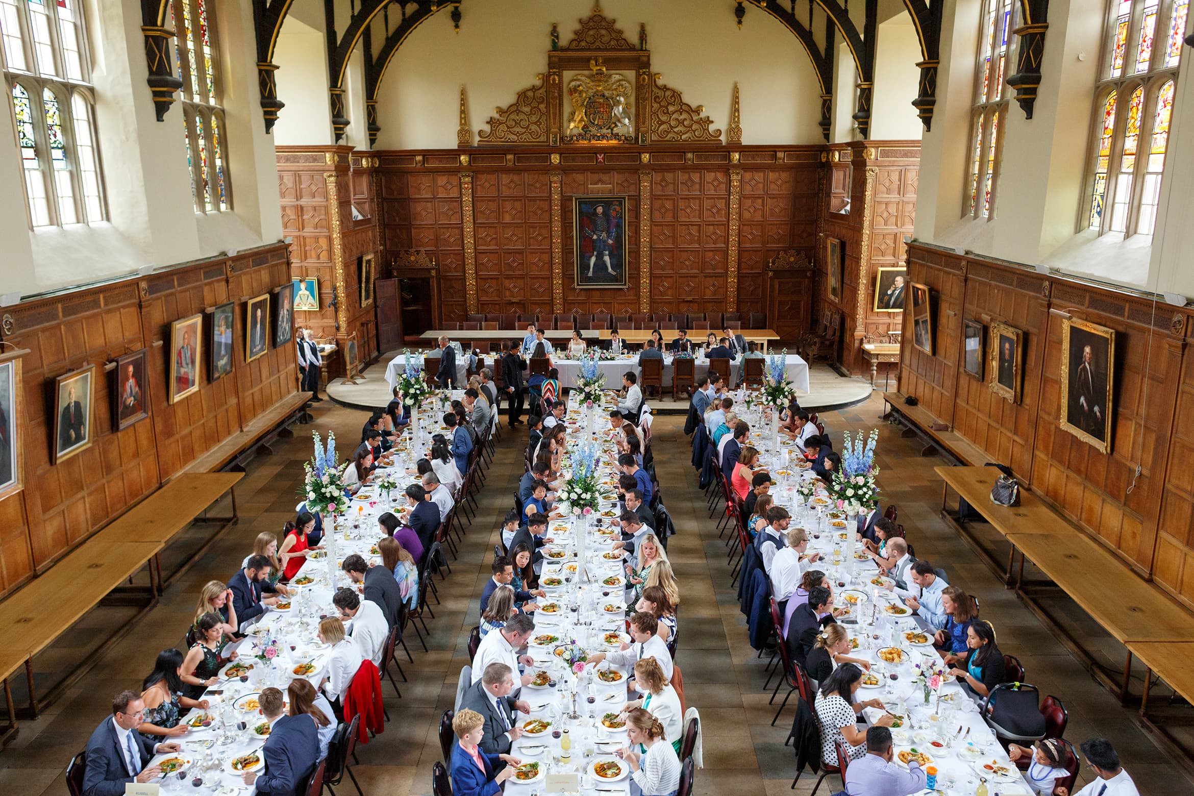 Trinity college dining hall laid out for a wedding