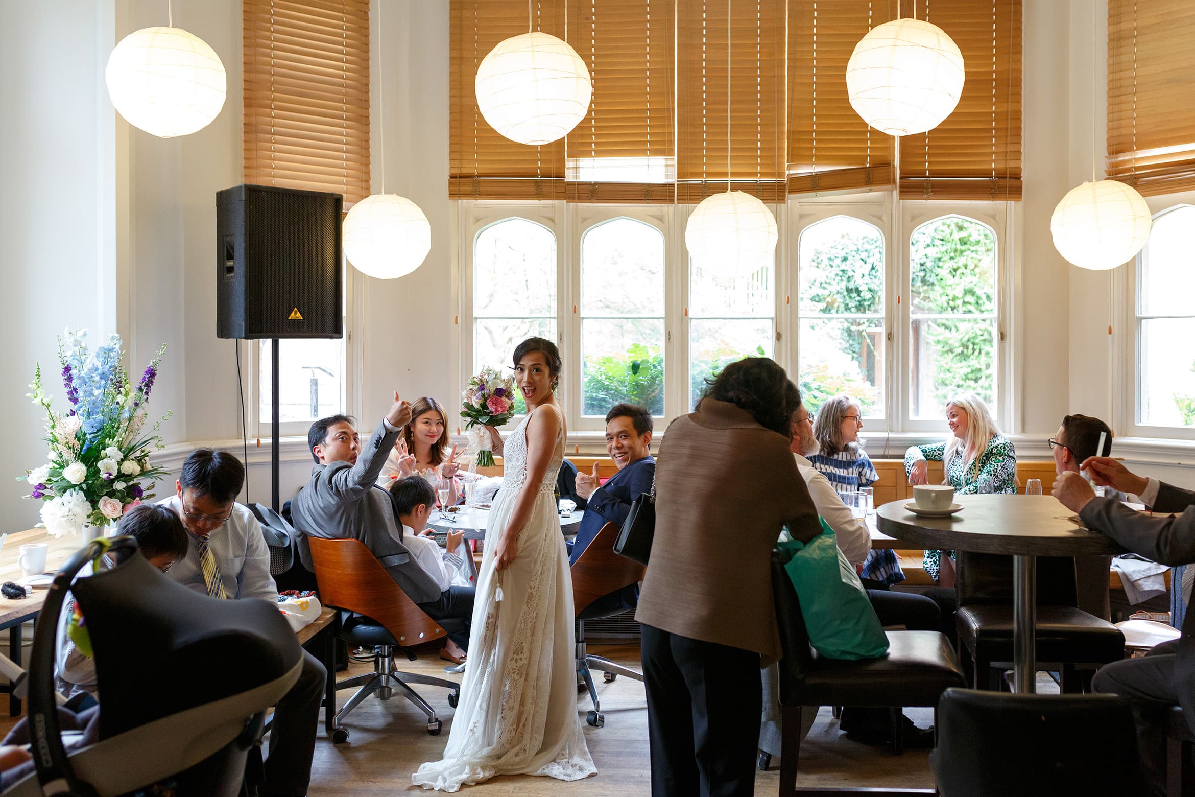 the bride and her guests in the trinity college bar